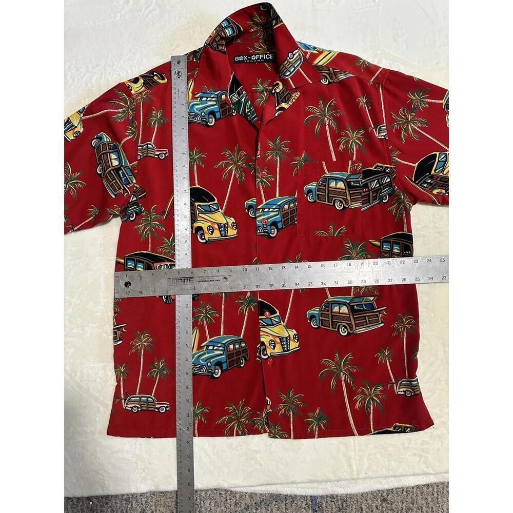 Box Office Island Mens Hawaiian Shirt, M, Red with Woody Wagons Cars Palm Trees